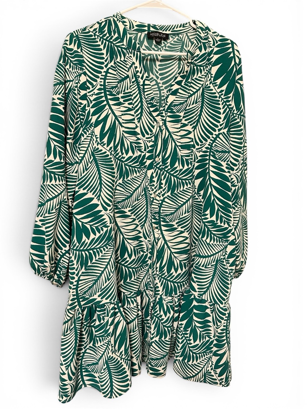Rachel Zoe Green and Cream Leaf Print Ruffle Hem Dress SZ L